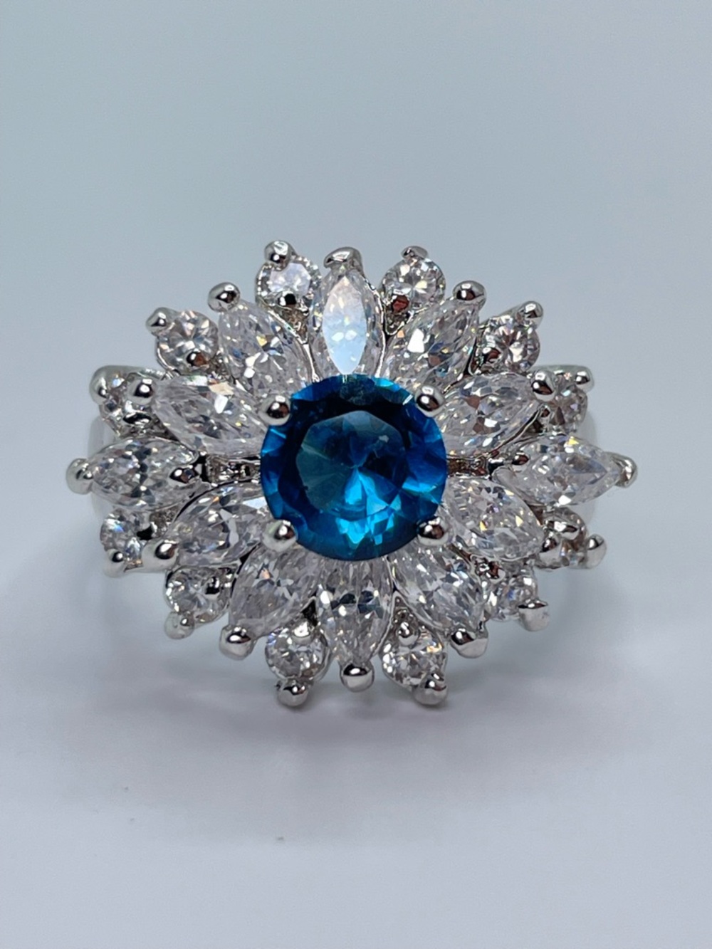 Blue Sapphire Halo Ring Swarovski Crystal Elements Silver Statement Sz 7